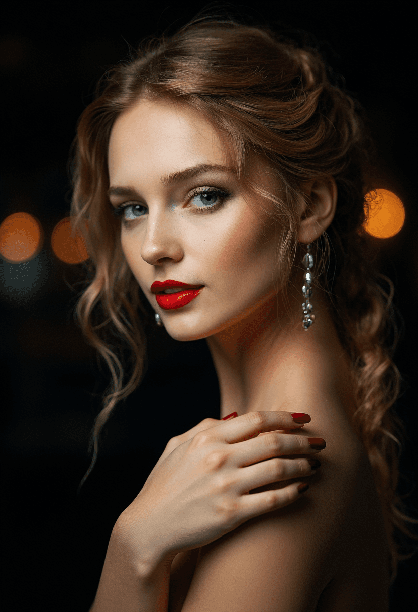 AI generated: A stunning young woman stands poised against a deep, inky black backdrop, her figure and features sh...