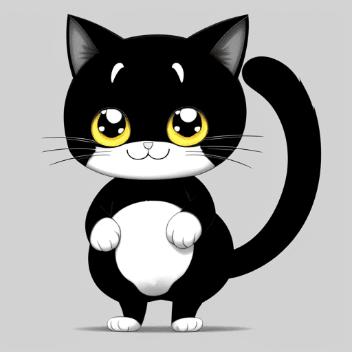 AI generated: Cute cartoon cat, smiling, big eyes, full body anime,{{{{{{black and white style}}}}}},no color