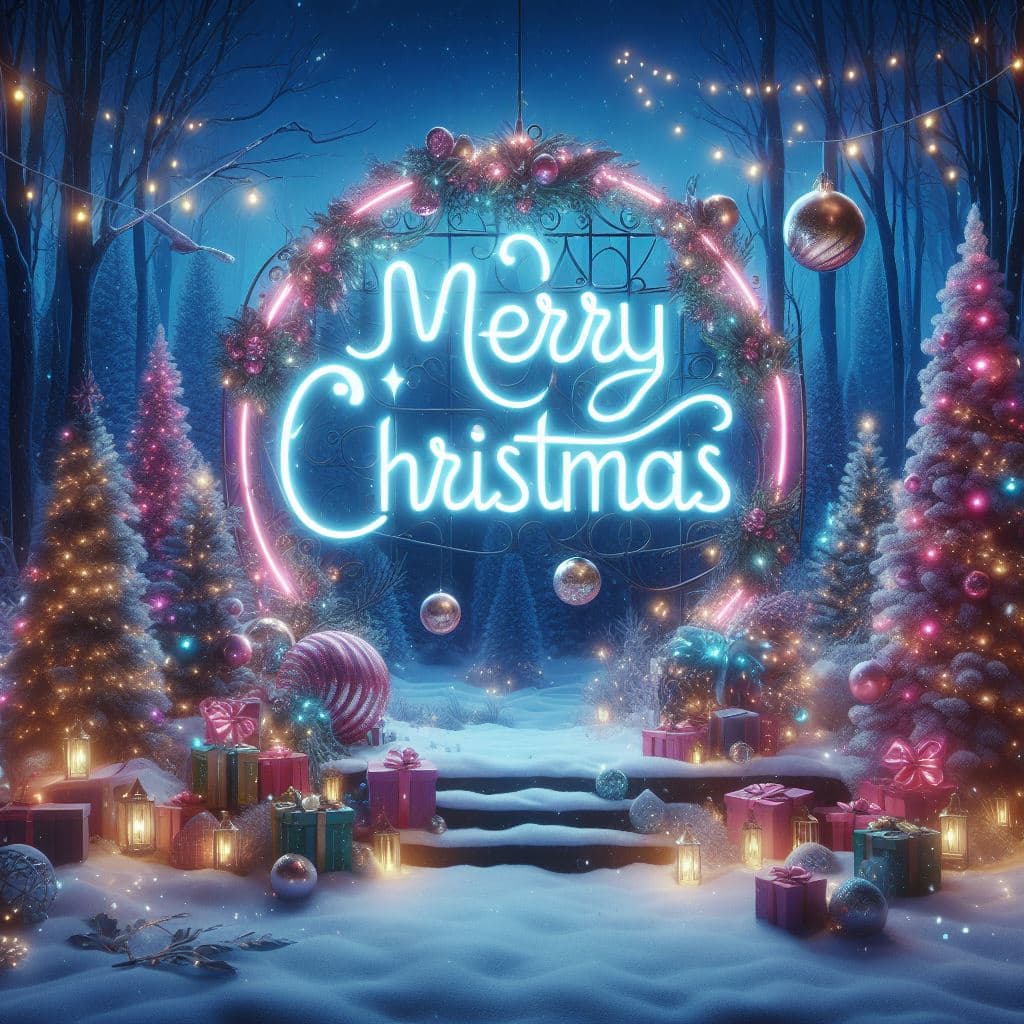 AI generated: Magical Christmas theme, large neon sign with text " Merry Christmas " background a magical snowy fo...