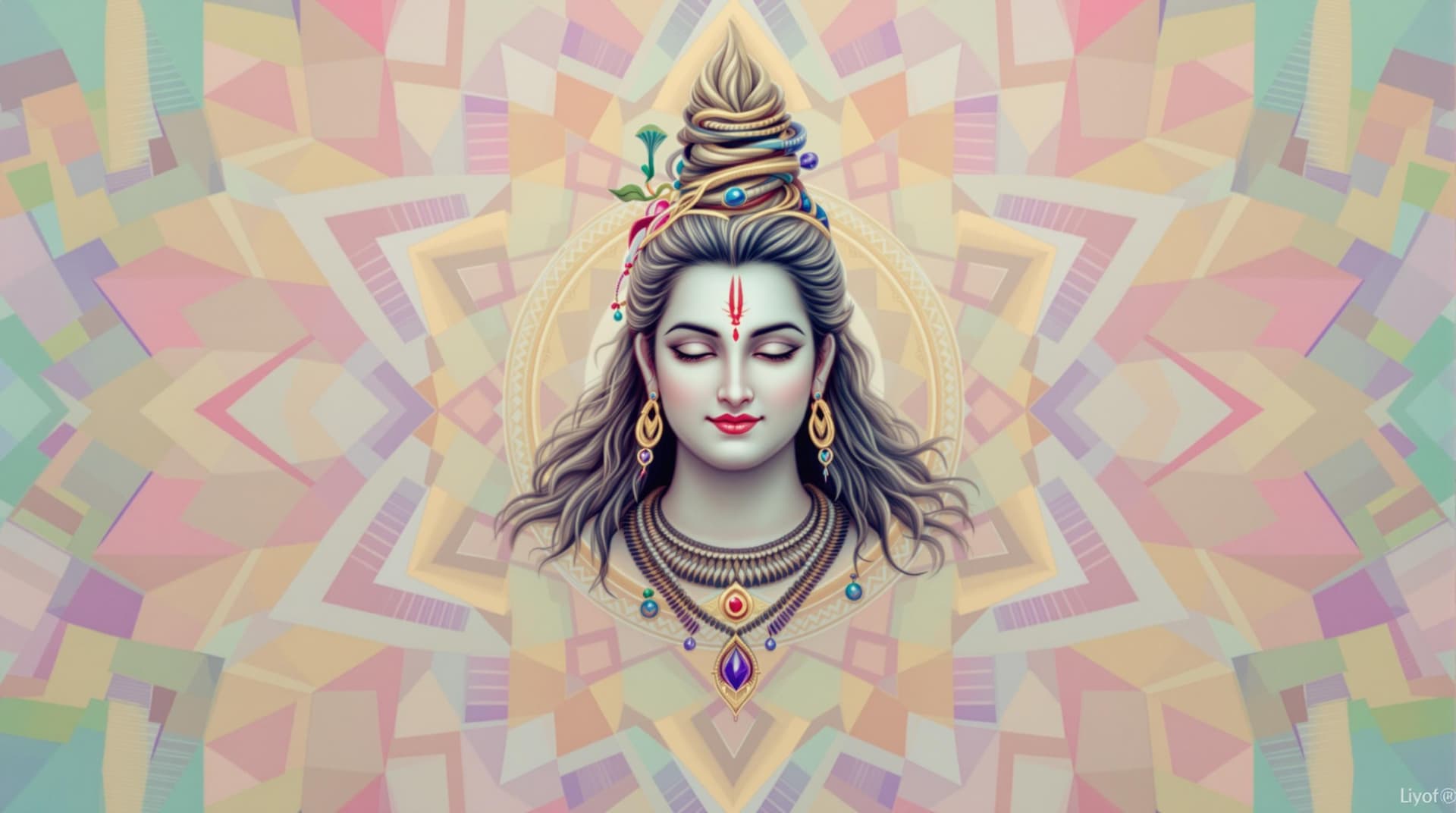 AI generated: "Generate an image of Lord Shiva surrounded by a radiant, pastel-colored mandala. Utilize gentle hue...