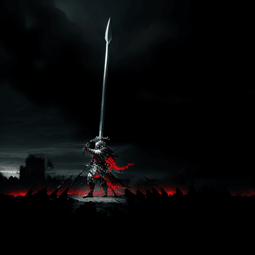 AI generated: A knight destroying an entire city with his sword while the sky is tearing, slams his big sword into...