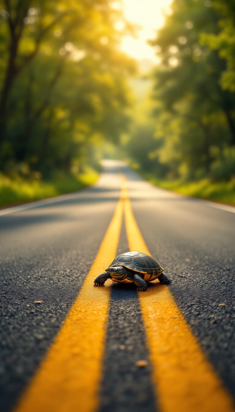 AI generated:  "A small turtle slowly crossing a long, winding road in the middle of a peaceful countryside. The c...