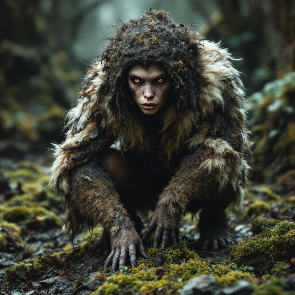 AI generated: hominid slightly more human looking female wearing  various animal pelts covering her,  crouching on...