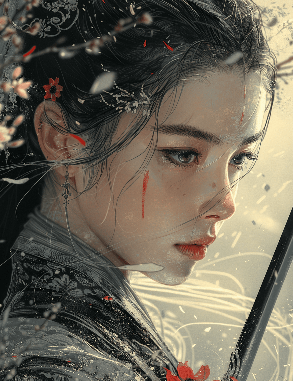 AI generated: a drawing of a woman with a sword, in the style of 32k uhd, gongbi, highly detailed illustrations, g...