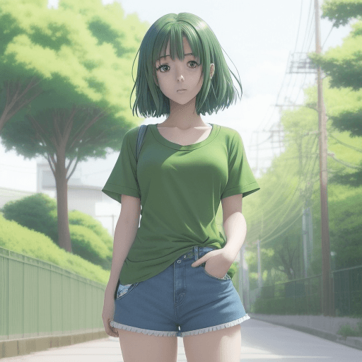 AI generated: anime girl in green shirt and blue shorts posing for picture, by Kose Kanaoka, anime visual of a cut...