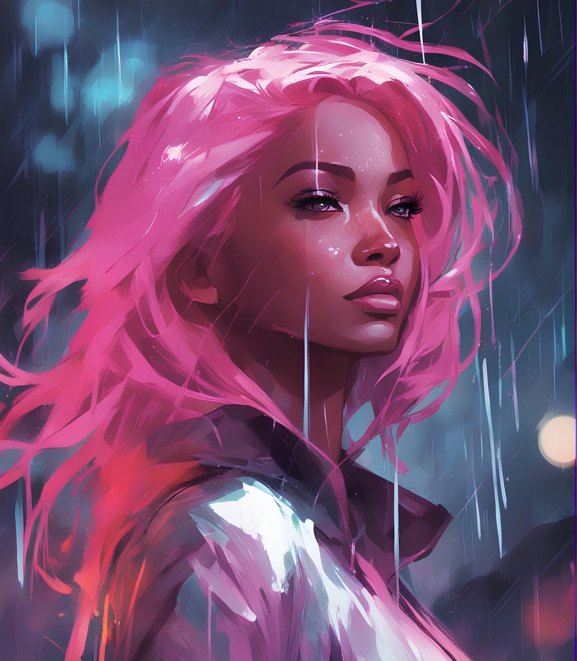 AI generated: a woman with pink hair standing in the rain, by Ross Tran, afrofuturism, as a panel of a marvel comi...