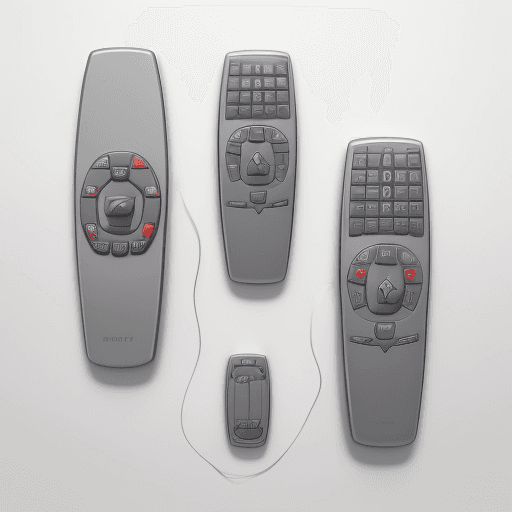 AI generated: 3 matte gray remote controls, arranged in a grid, on a glossy white surface, hyper realistic, highly...