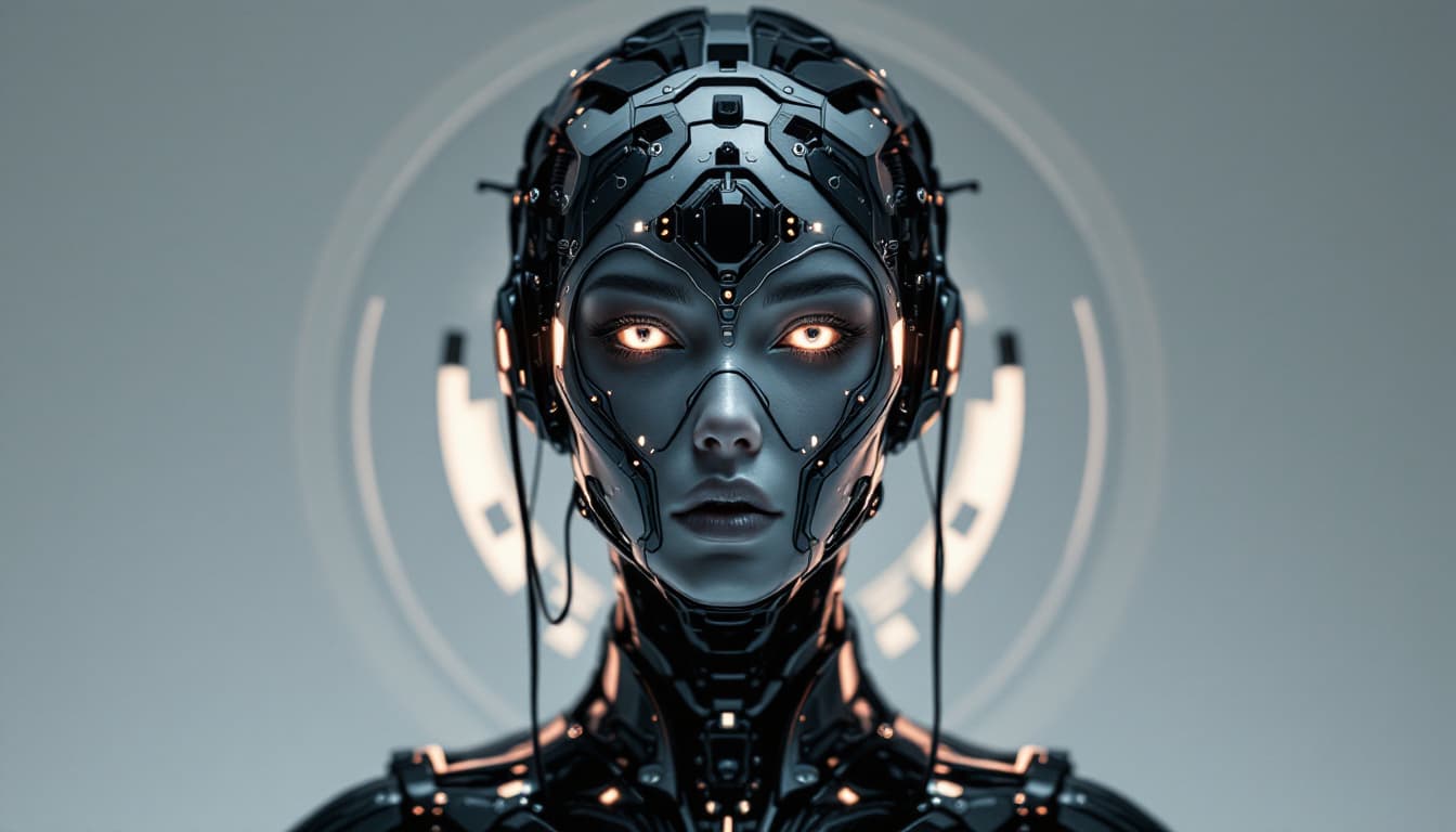 AI generated: an image of a futuristic woman in a robotic head gear, in the style of dark white and dark black, in...