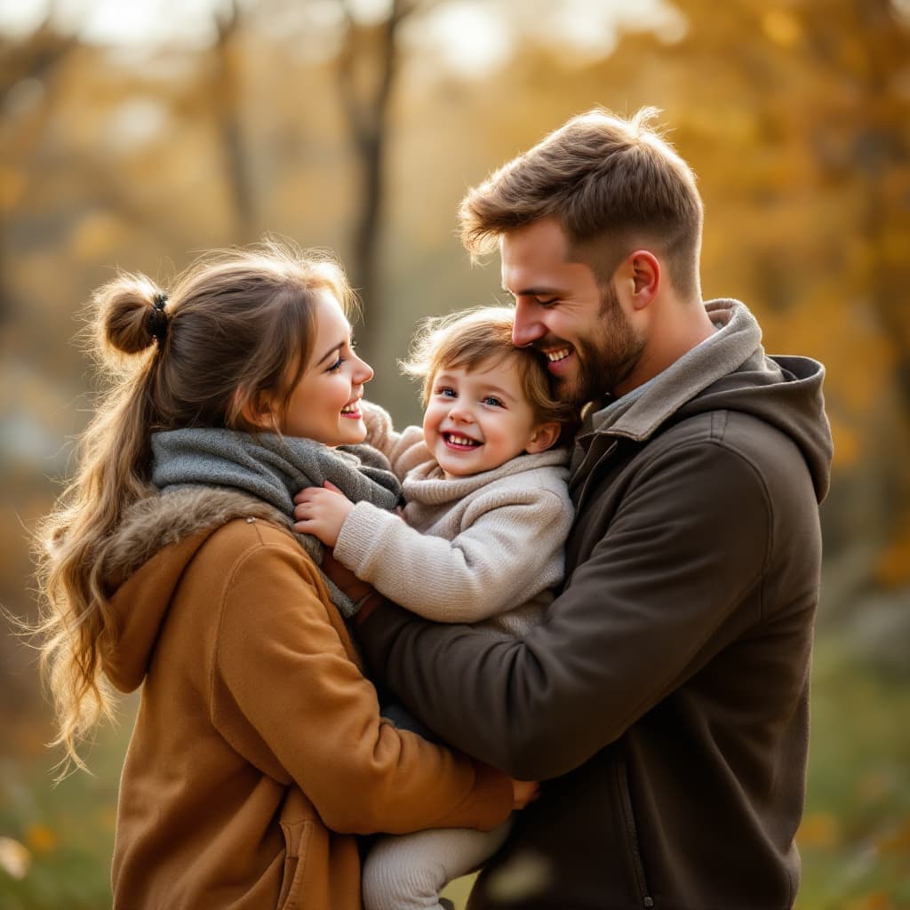 AI generated: Hyperrealistic photo of a joyful Slavic family: mom, dad, 11-year-old daughter, and 4-year-old son, ...