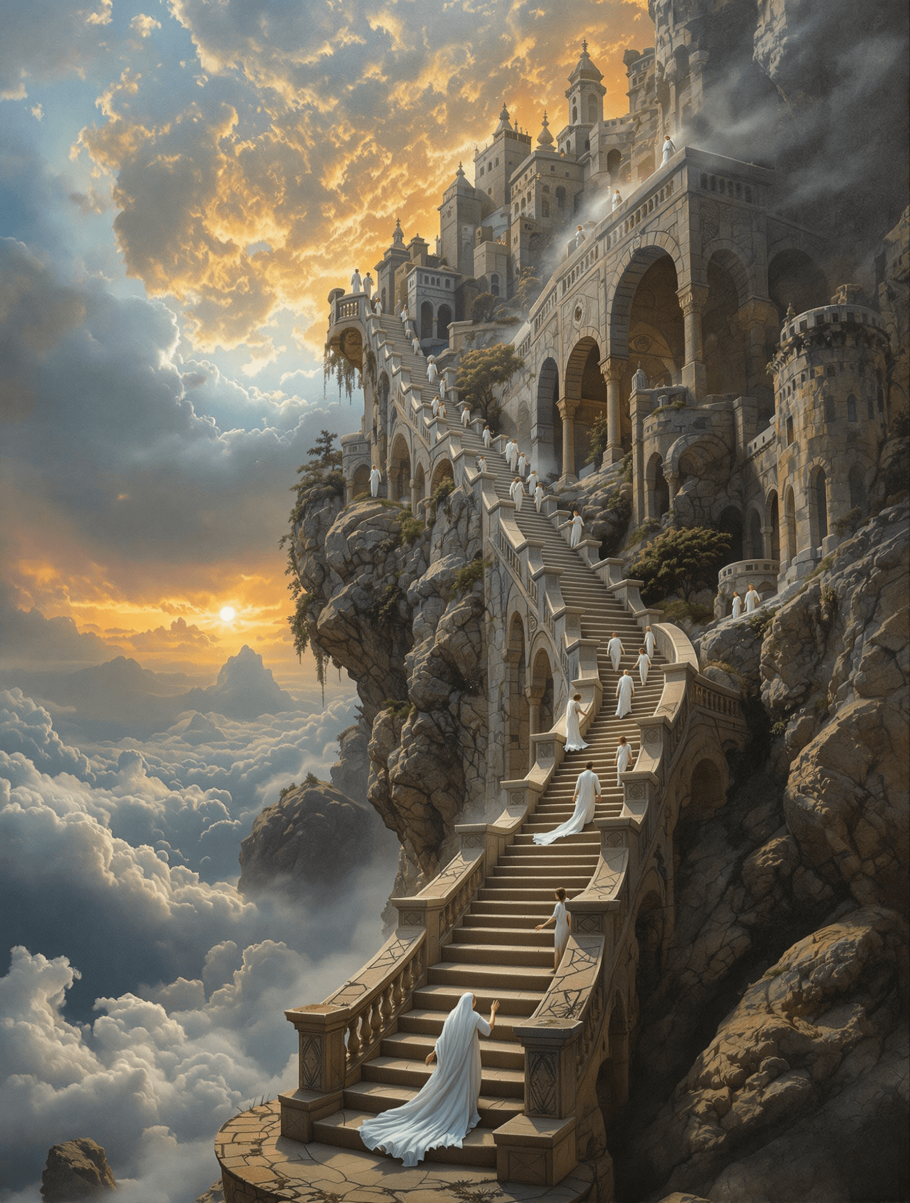AI generated: A traditional oil or digital painting on canvas depicting a majestic ancient stone staircase with wa...