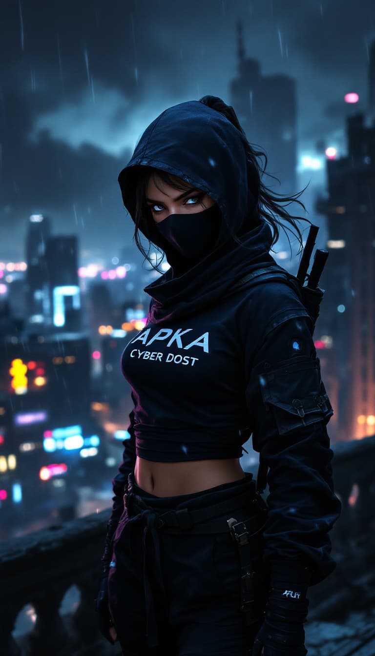 AI generated:  Digital artwork, concept art, a female ninja with 'Apka Cyber Dost' logo on her chest, standing on ...