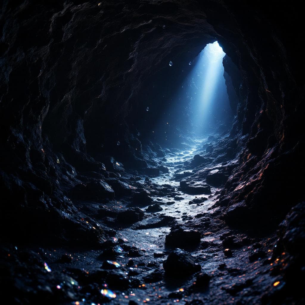 AI generated: photographic, ultrarealistic, ubsurdres, a pitch black cavern, with crystals like teardrops in mid  ...