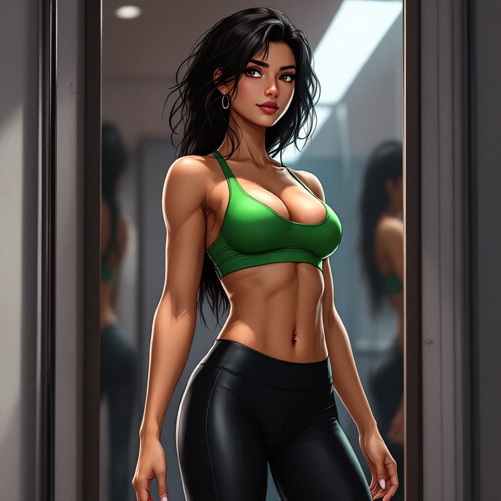 AI generated: (Anime Style:1.2), (An anime Indian Woman:1.05), mid 30's age, (muscular body:1.05) posing in front ...