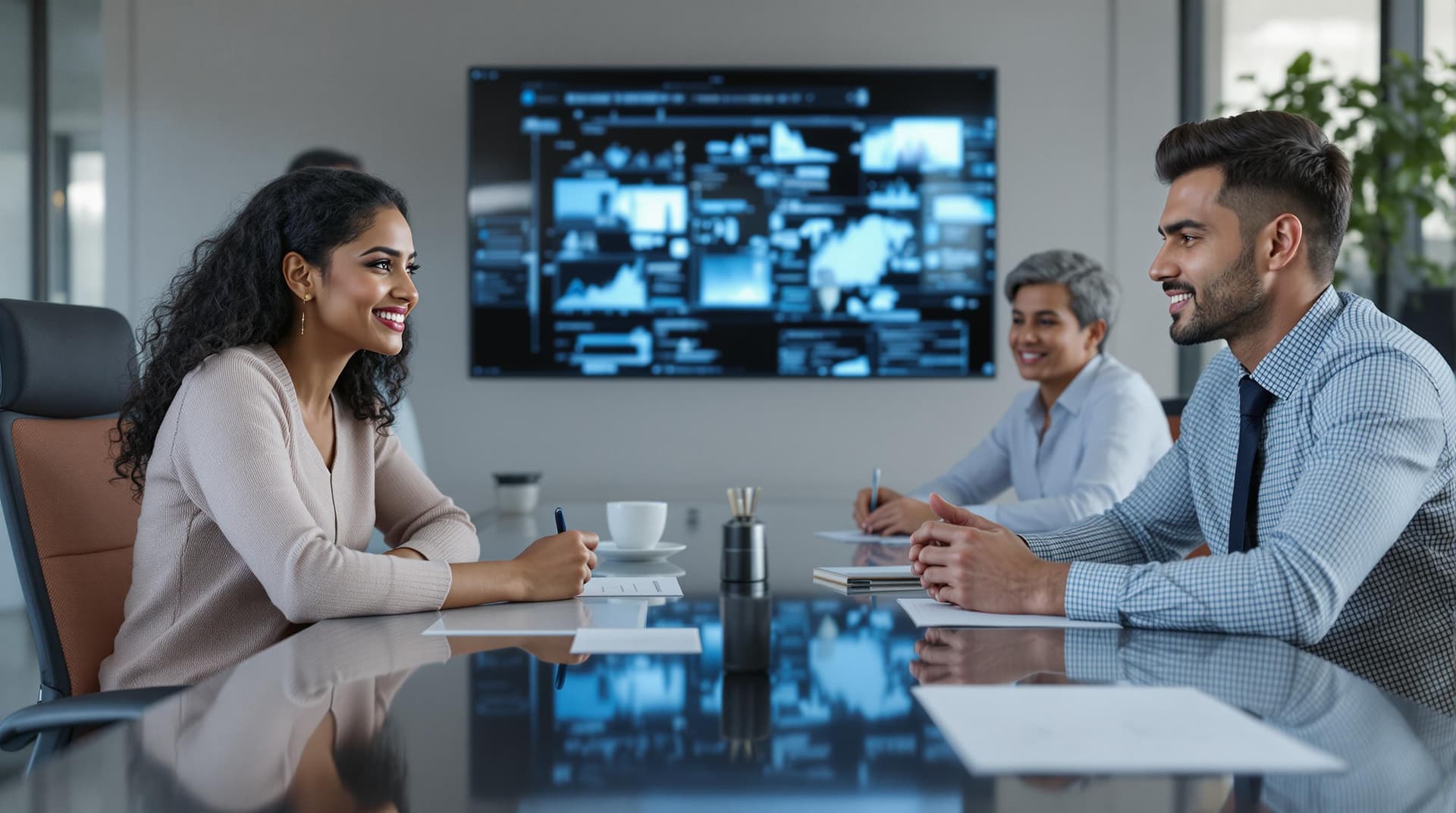 AI generated: /imagine prompt: Diverse team in modern boardroom, 35-year-old Indian woman (natural smile with 8 te...