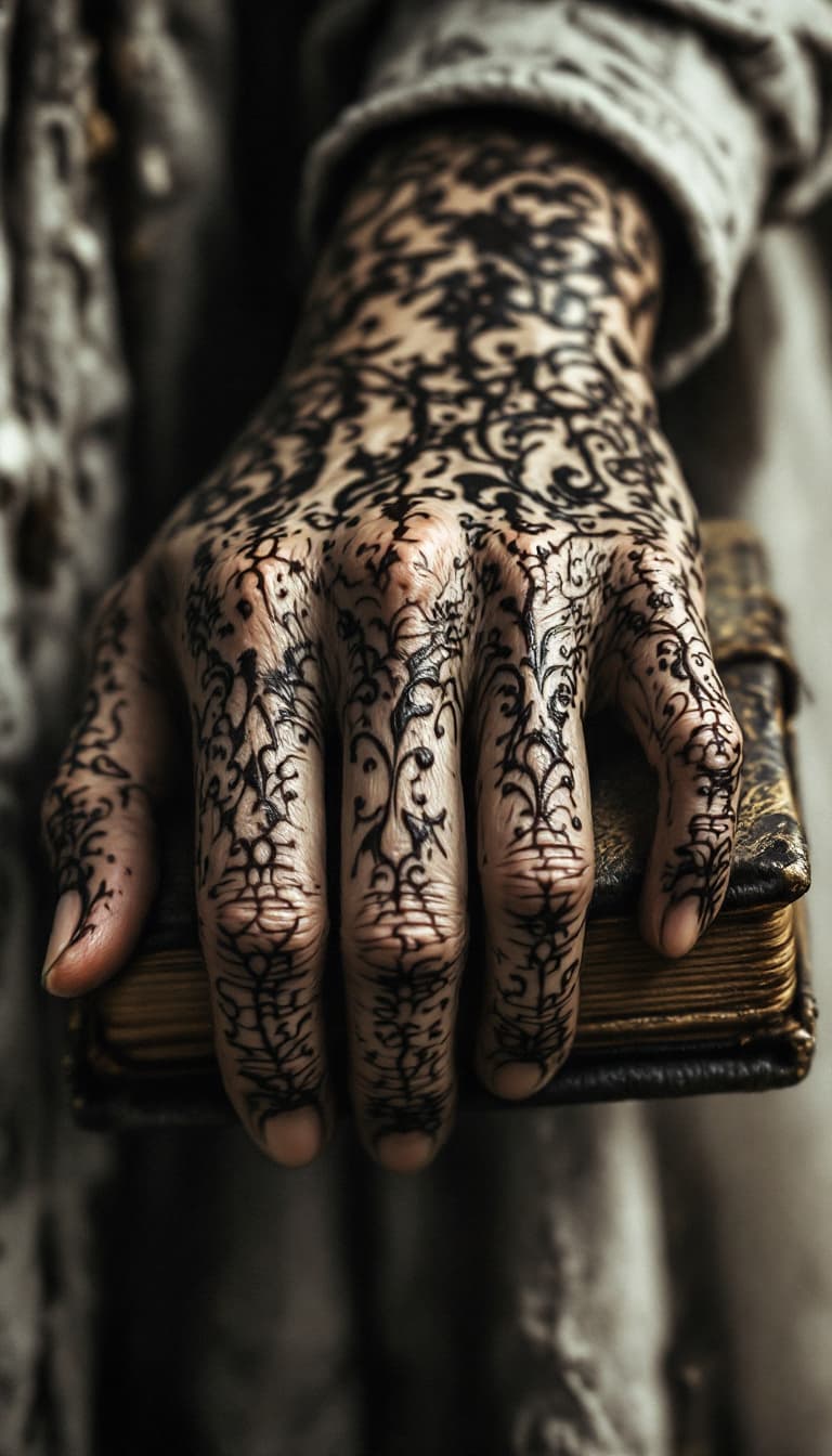 AI generated: 2. A stark, close-up view of a woman’s hand, its skin textured with age and marked with intricate he...