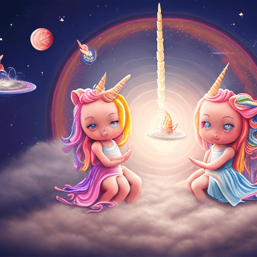 AI generated: four toddler girls riding unicorns in space overlooking a black hole, cinematic, elaborate, elegant,...