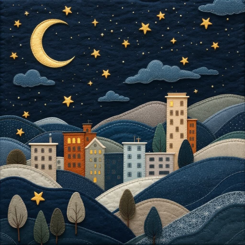 AI generated: textile collage texture, layered fabric simulation, stitch trail effects, embroidered cityscape, pat...