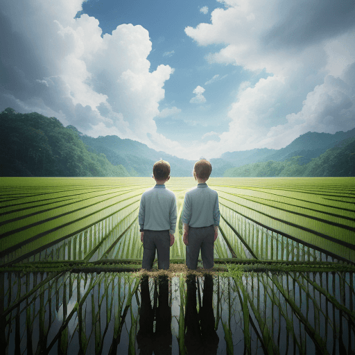 AI generated: two boys, bl, two men, big clouds, blue sky, rice field, neat rice seedlings in the field, forest, h...