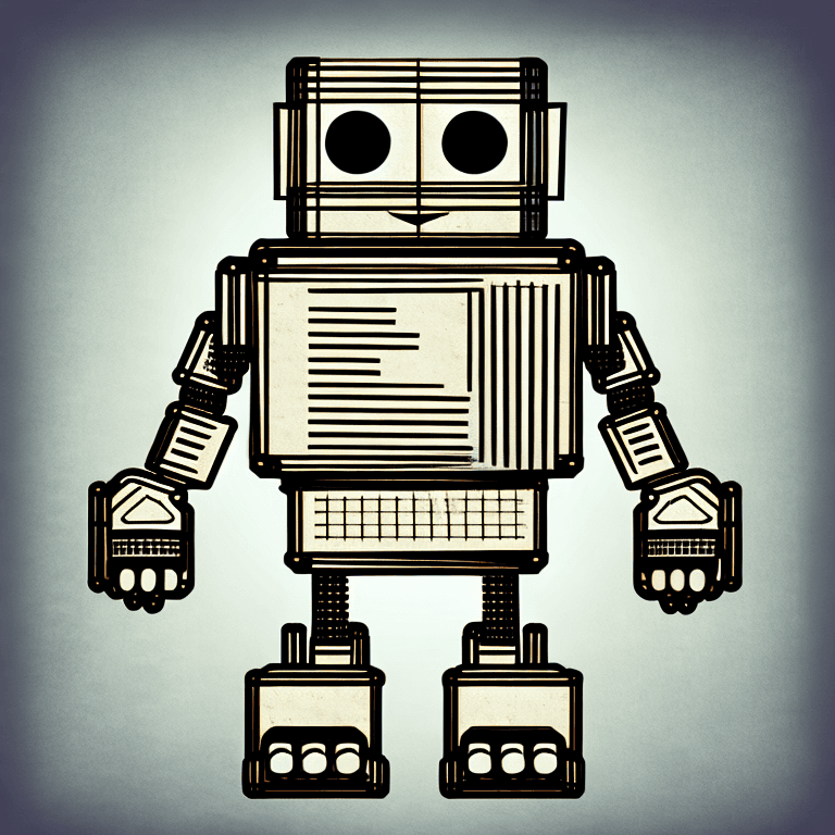AI generated: illustrations of a cute Robot made out of cardboard boxes:: engineering blueprints, infographics, re...