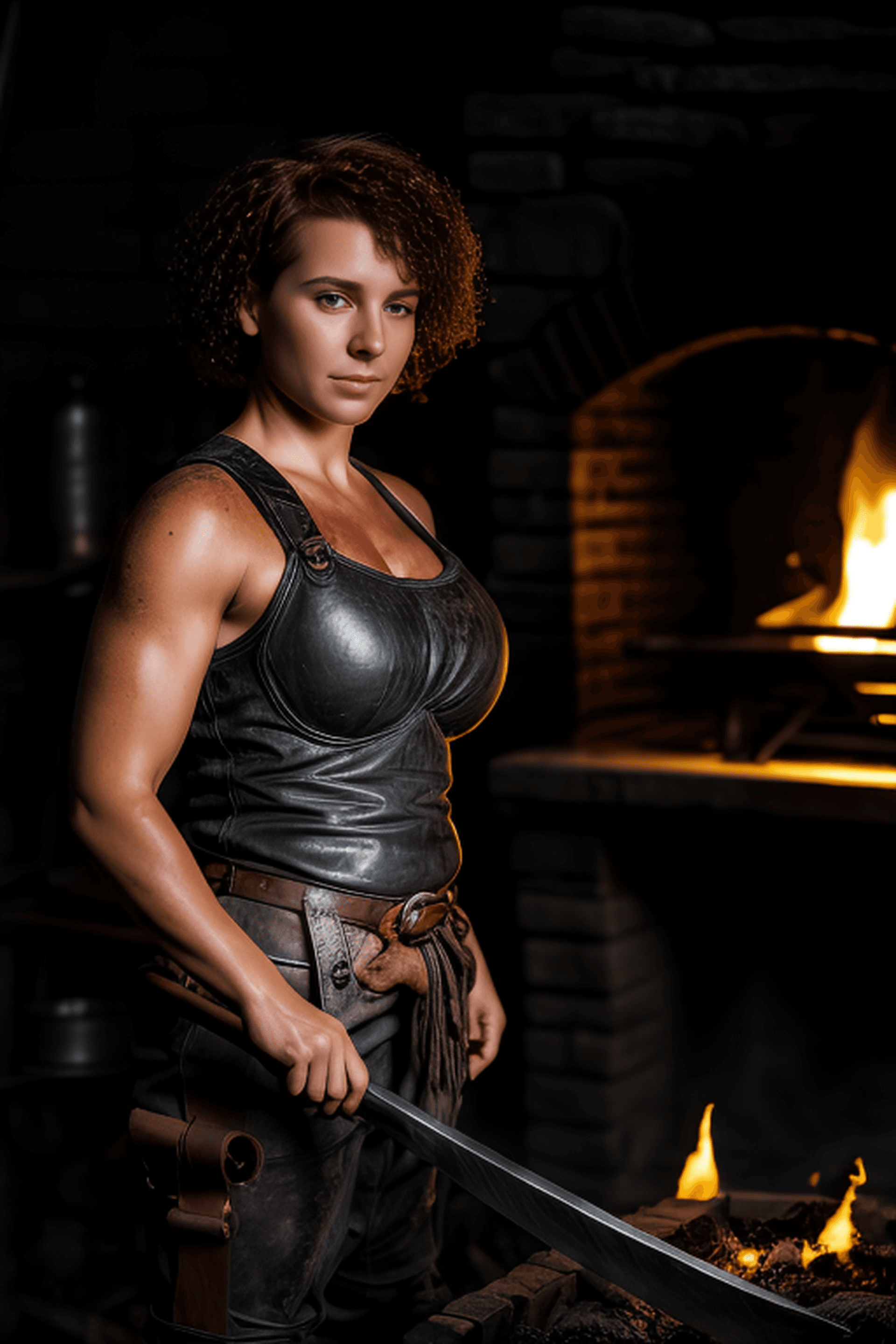 AI generated: RAW medium portrait of a strong female blacksmith, pale skin, short messy curly fire red hair, (stan...
