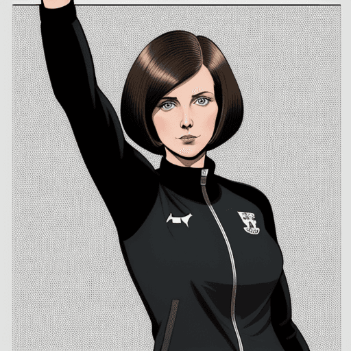 AI generated: a little brunette bob haircut, Helen Dawson, wearing a tracksuit waving her arms in the air, in the ...