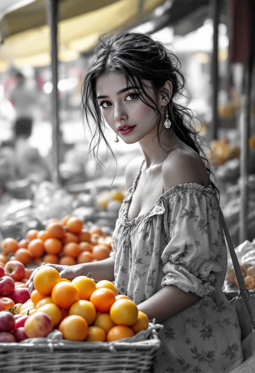 AI generated: Sketch, Beautiful Pencil Line Art, Artistic Brush Strokes, Beautiful, Market Vendor, Beautiful Girl ...