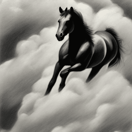 AI generated:   horse with baby horse. clouds. heavens. running in clouds. baby horse is running after adult horse...