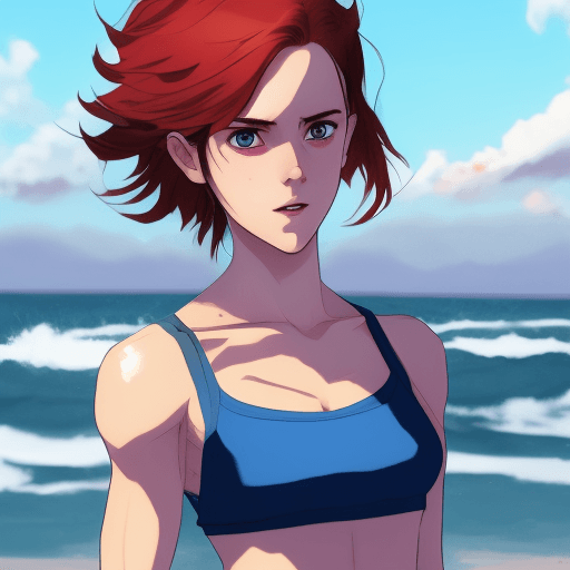 AI generated: a gorgeous hulking Emma Watson as Matoi Ryuko with very short shoulders-length blue-red hair, wearin...
