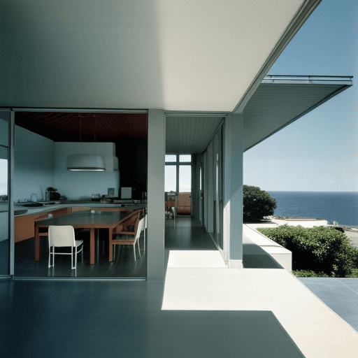AI generated: Hyper realistic eye level exterior photo of a mid century modern style house overlooking the ocean, ...