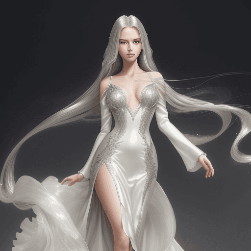 AI generated:  An elegant woman with long, flowing hair stands in a poised posture, wearing a sophisticated long-s...