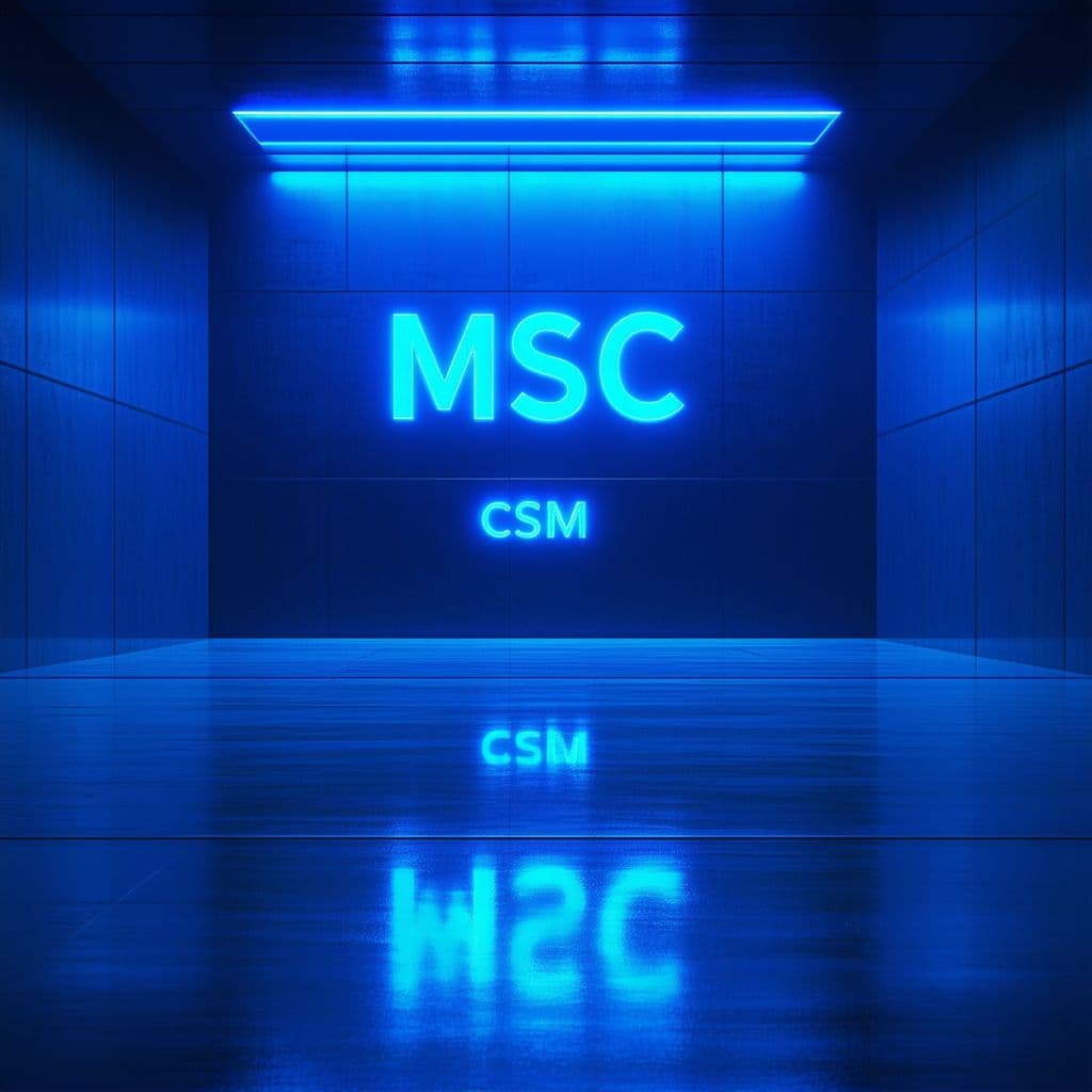 AI generated: Futuristic virtual meeting background, centered composition, mirrored text "MSC" (mirror image of CS...