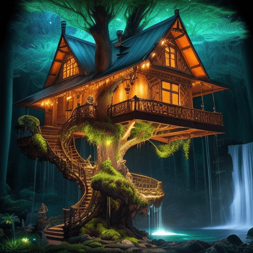 AI generated: a photo of a magical family tree home with glowing bioluminescence and magical orbs, a luxury copper...