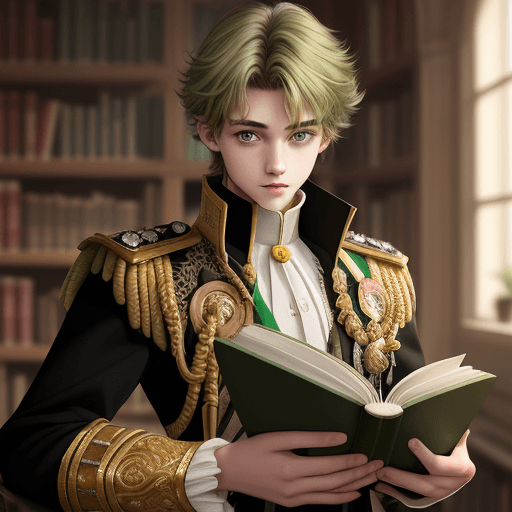AI generated: young 18-year-old prince with dark streaked hair and yellowish-green eyes with a book
