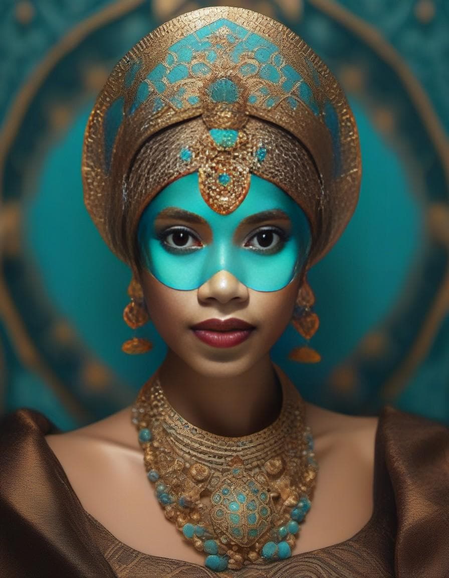 AI generated: a woman wearing an elaborate mask around her face, in the style of vray tracing, cloisonnism, turquo...