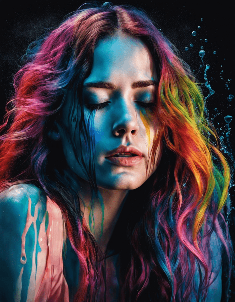 AI generated: Prompt: shoulder length portrait of crying beautiful young Woman long wavy multi color hair flowing ...