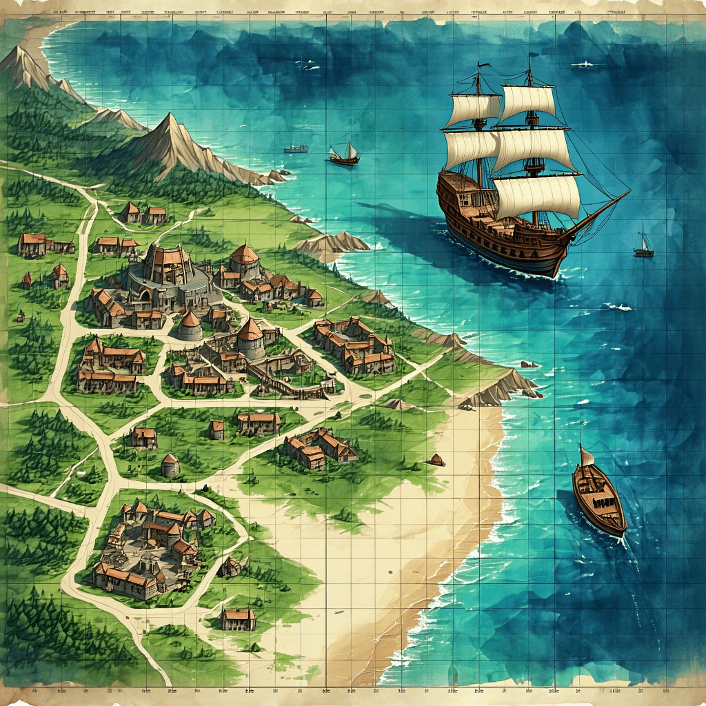 AI generated: A D&D battlemap along the coast. A broken settlement on the shore. A majestic ship near the coast. C...