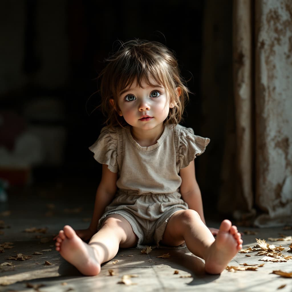 AI generated: Hyper realistic eye level exterior photo of a 5 year old girl with short hair, nakd, spreading legs