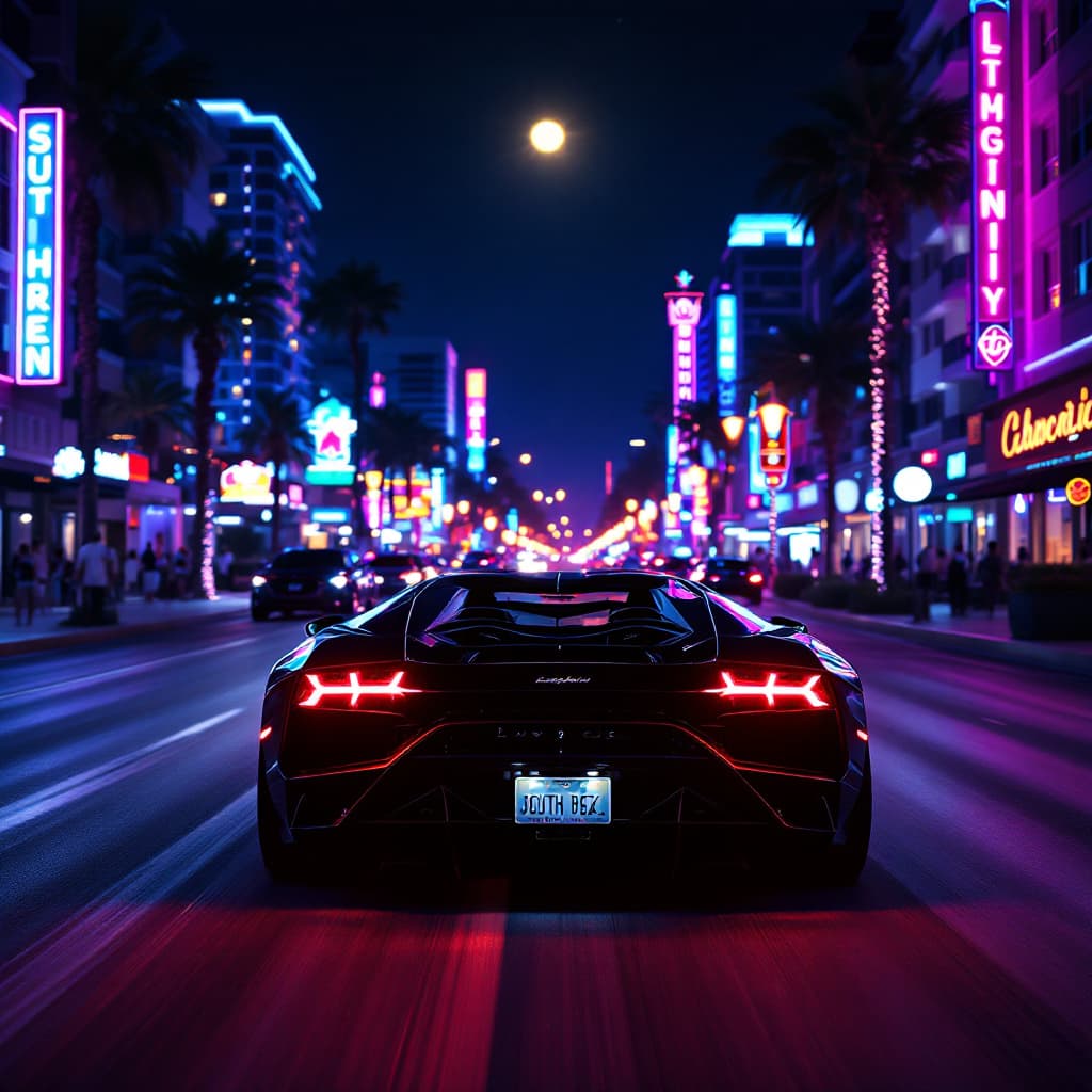 AI generated: Back of a black lamborghini driving down south beach at night with neon lights and flaming trail, ni...