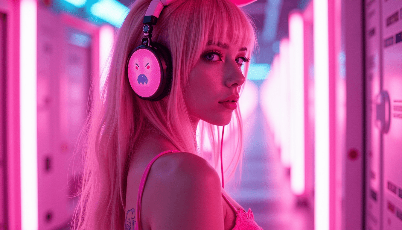AI generated: The pink bunny girl in the cyber world is a cyberpunk (full body photo), with beautiful long hair, w...