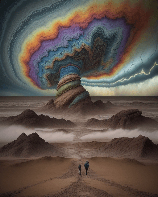 AI generated: Weathered Californians in a state of wonder, surrounded by apocalyptic topography, where ravaging st...