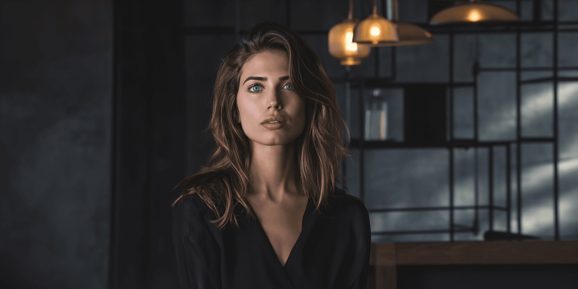 AI generated: A female model posing during a photo session in a reception area. The model has a beautiful yet prof...