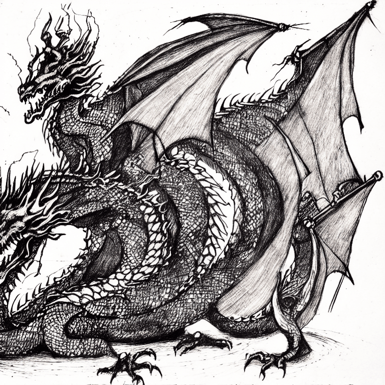 AI generated: defeat the dragon, drypoint engraving scribble illustration, paranoid, annotated, messy, disorganize...