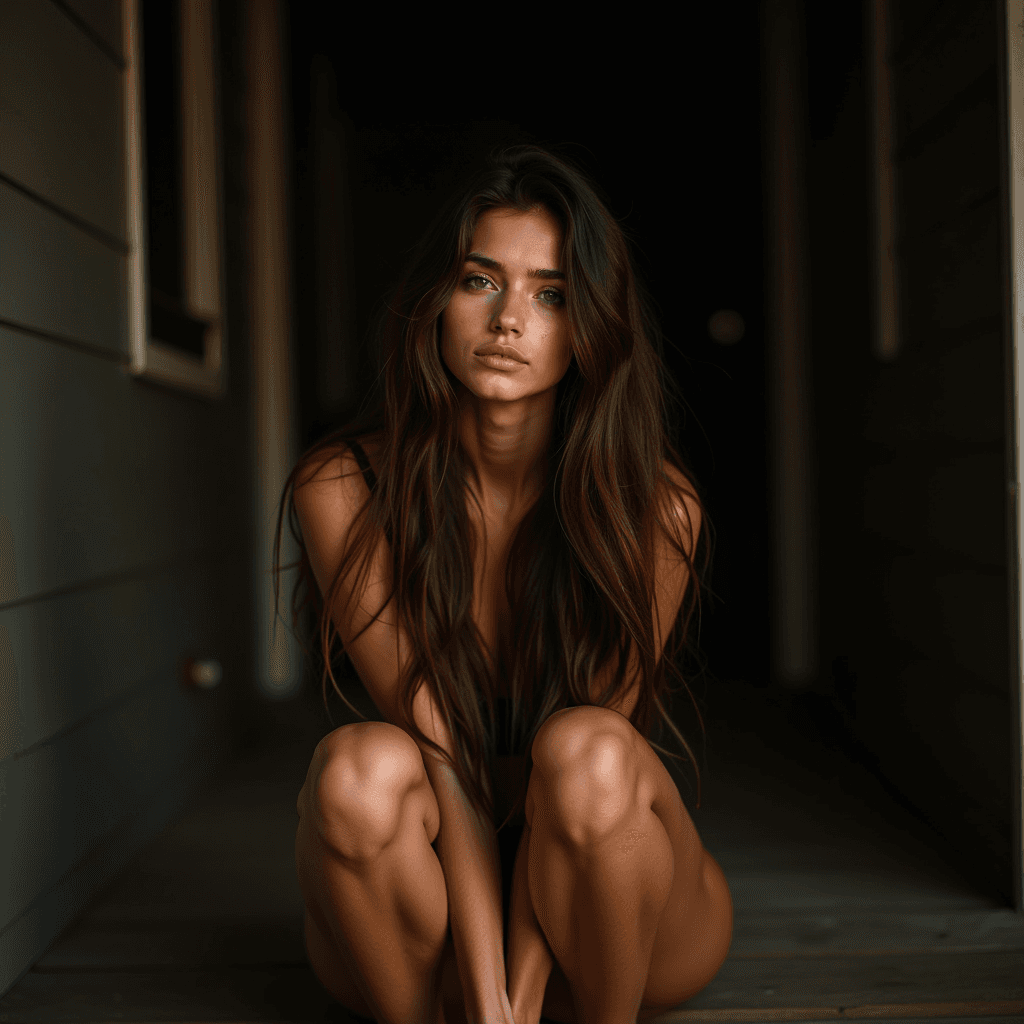 AI generated: knees together, woman with playful gaze, natural, very long hair, porch, dark theme, strobist, shot ...
