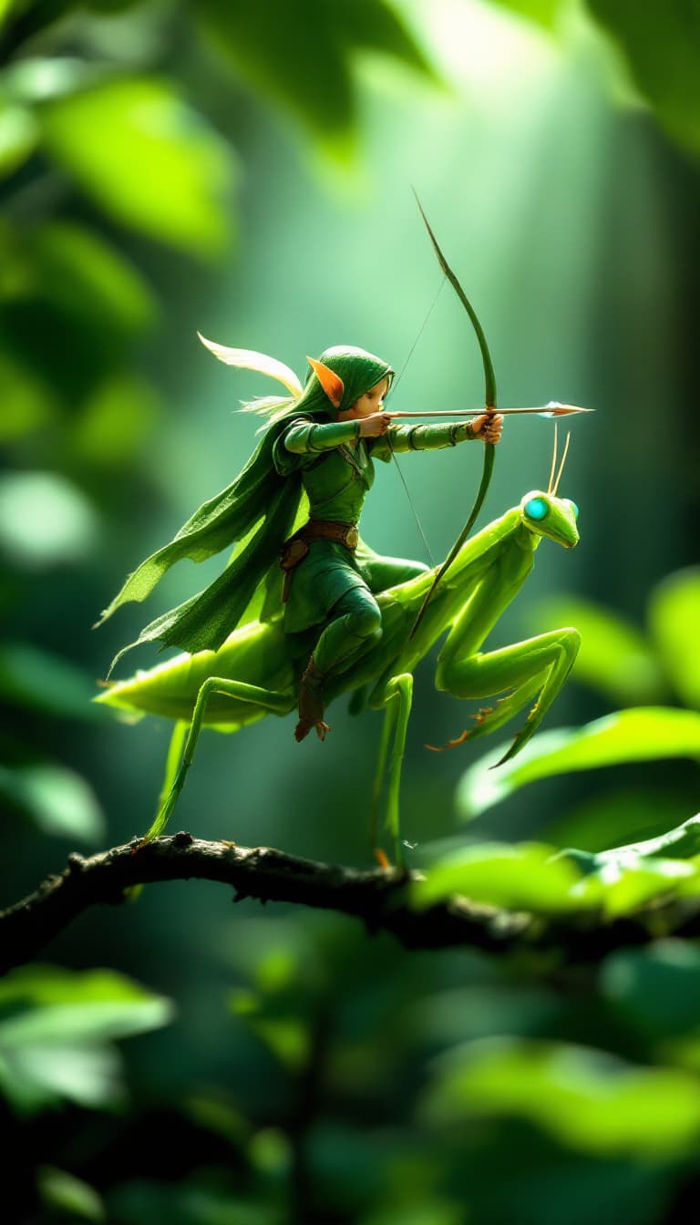 AI generated: "Macro shot of a tiny elf archer in a green tunic riding a lime-green praying mantis, poised for act...
