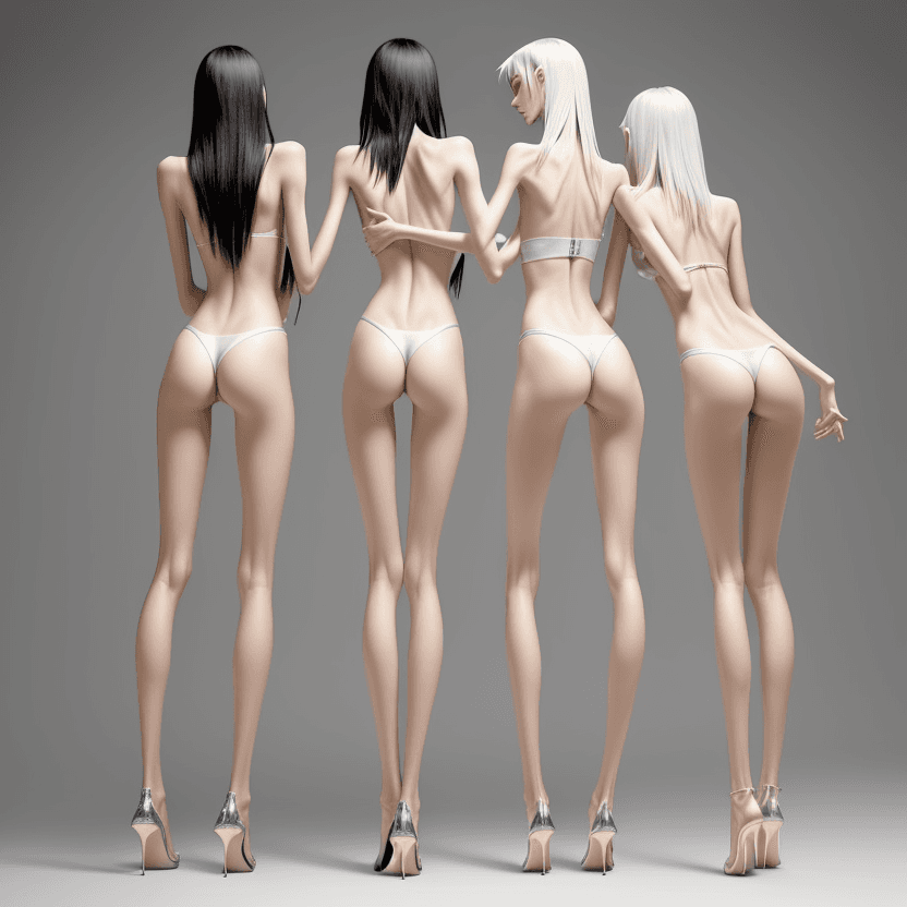 AI generated: photo of three an extremely skinny, flat-chested models with extreme long and skinny legs with extre...