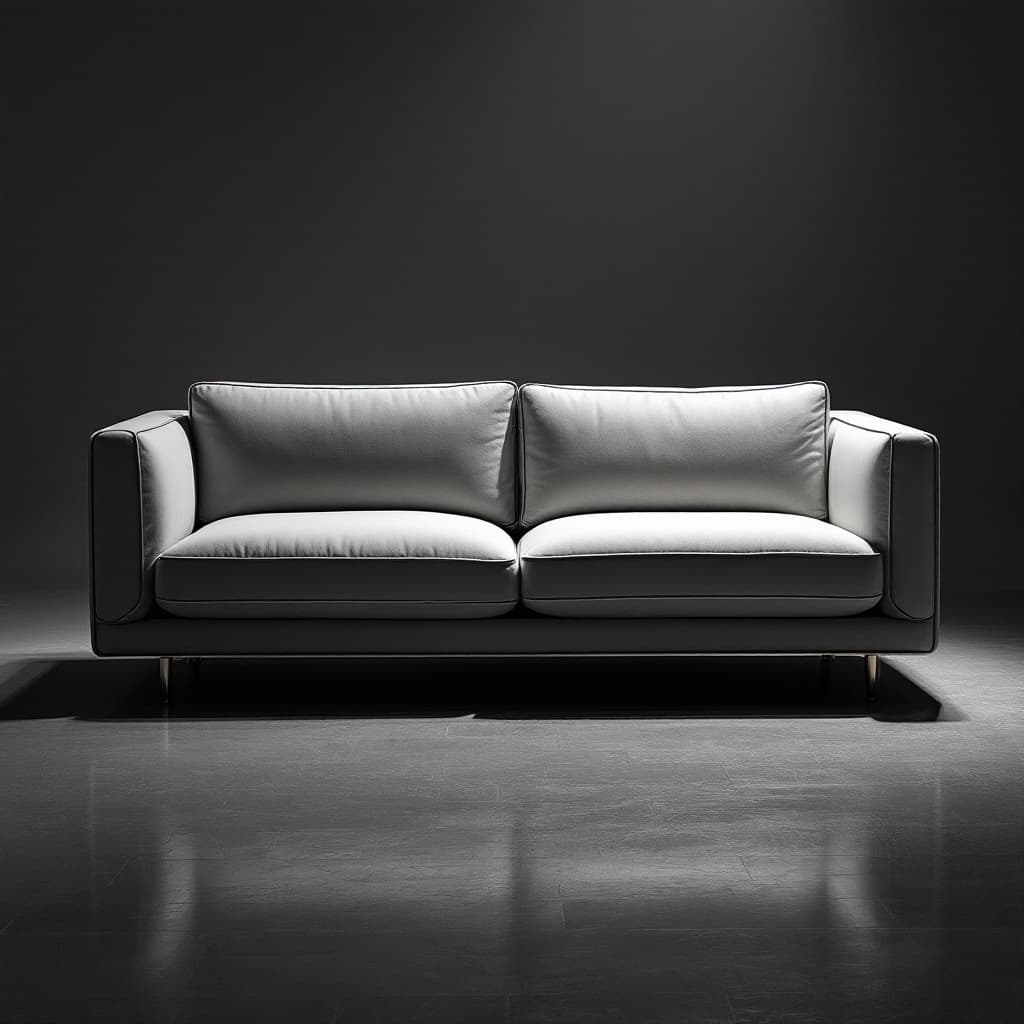 AI generated: dramatic product photography in studio lighting of a modern clean line two seater sofa