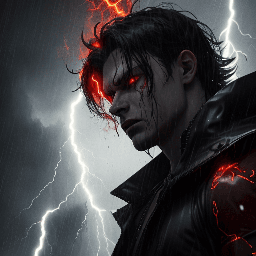 AI generated: young god, Boss, in a rainstorm, thunders in background, scary, 4k, insane, red eyes, flame in the b...