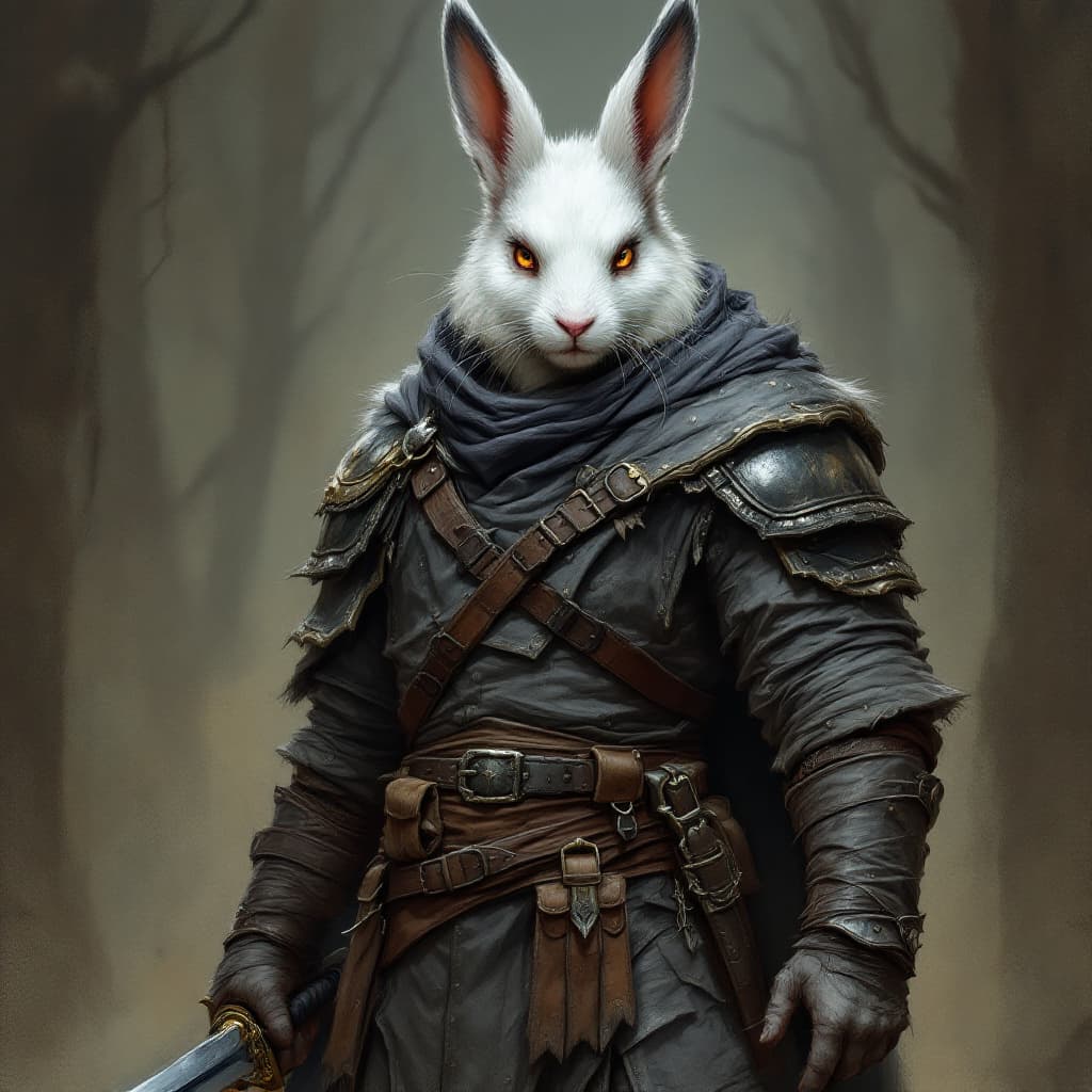 AI generated: male d&d harengon, male dnd rabbitfolk, :: white fur with grey tipped ears, male rogue wearing grey ...