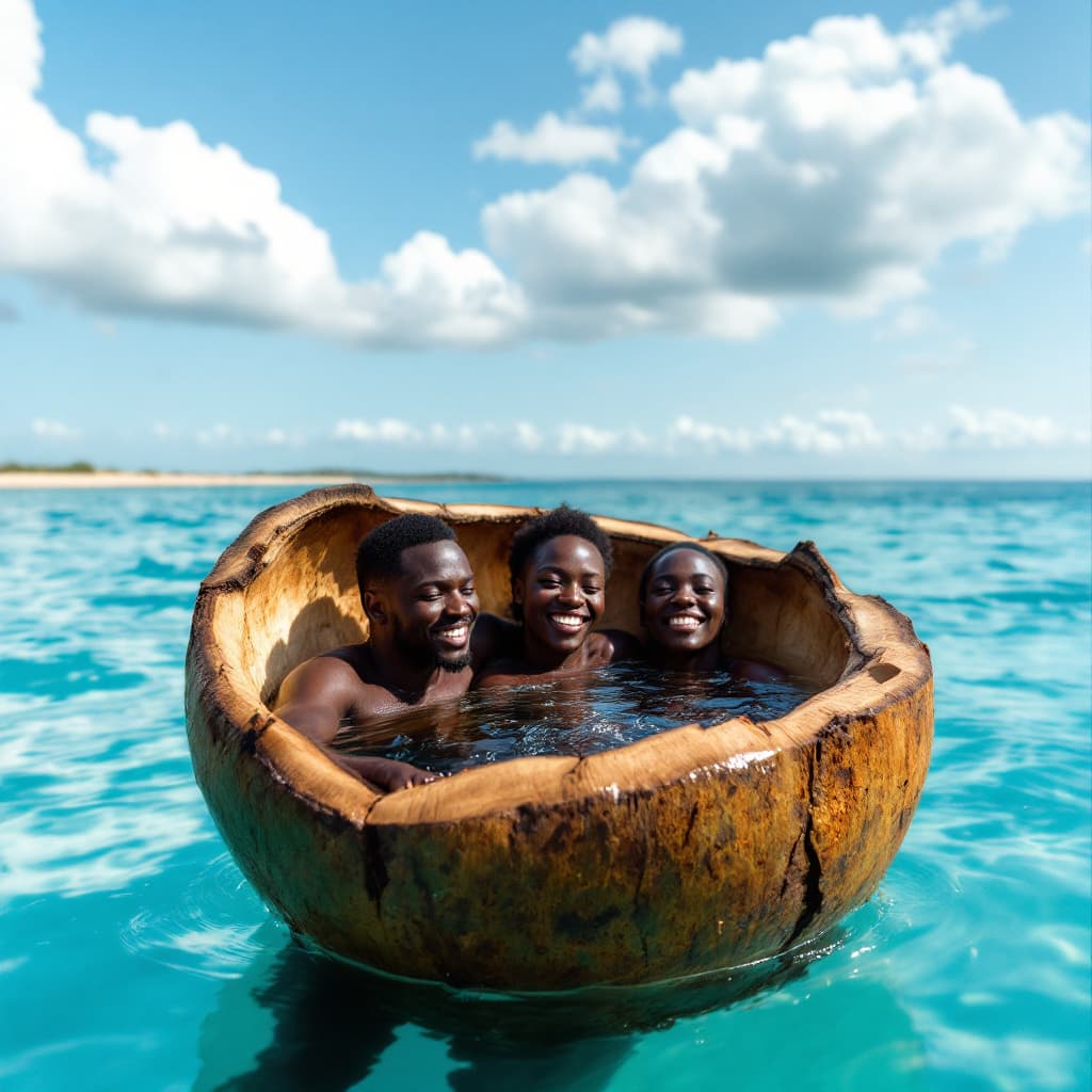AI generated: black Africans  in swiming pool  in a large  tender coconut shell . 