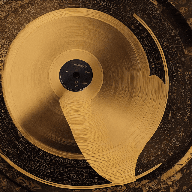 AI generated: Full view of a vinyl disk viewed from above with gold engravings with the word "Reverock" in the mid...